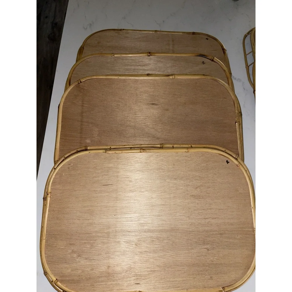 Vintage Mid Century Wicker Rattan Bamboo‎ Serving Trays Tiki Lap Stacking- 8